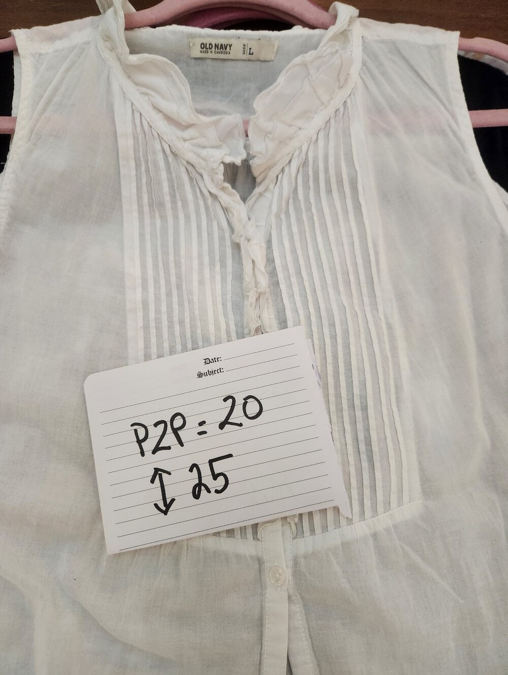 Old Navy White Sleeveless Pintuck Ruffle Front Button Down Top P2p 20 Size L EUC - Picture 2 of 7